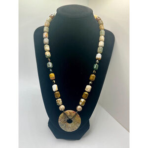 Artisan sterling silver jasper necklace with large natural jasper donut pendant